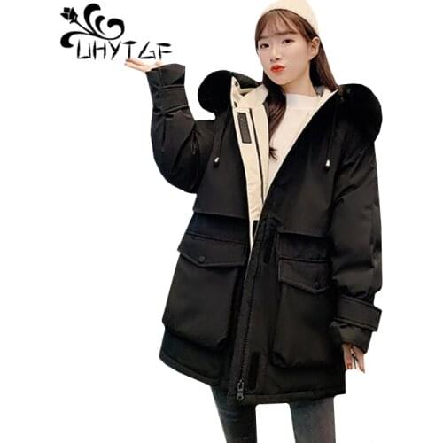 UHYTGF down jacket female winterr coat Parker women fashion fur collar hooded cold-proof winter jacket loose plus size coat 1023