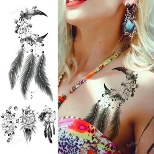 Sexy temporary tattoo dreamcatcher feather flowers leaves breast tattoo for girls women body stickers jewel rose peony mandala