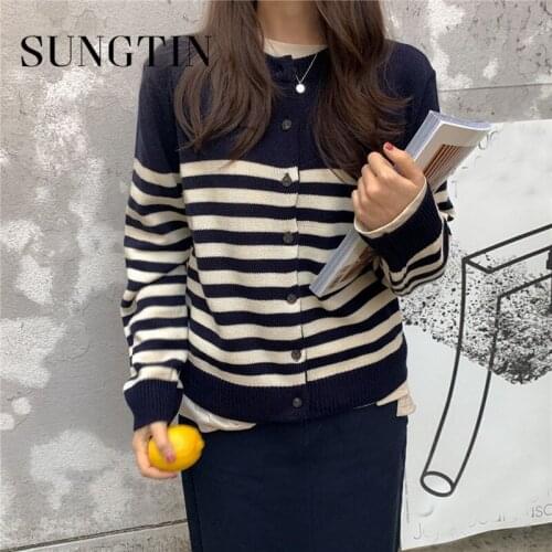 Sungtin Casual Striped Knit Cardigan for Women Single Breasted O Neck Knitted Cardigans Korean Chic Vintage Sweater Female 2021