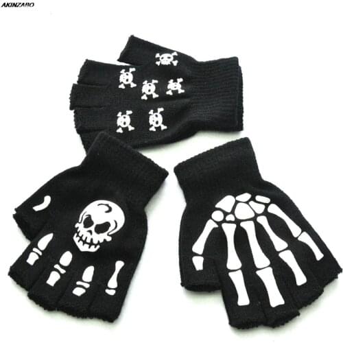 Halloween Luminous Fluorescent Skull Claw Printing Gloves Hip Hop Riding Non-slip Fingerless Winter Warm Knitted Skulls Gloves