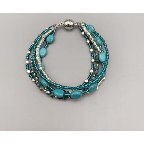 5 Strands Of 7*8mm Oval Turquoise Bracelet With 3*4mm Teal Crystals Antique Silver Beads Magnetic Clasp For Women Girls 7.5 Inch