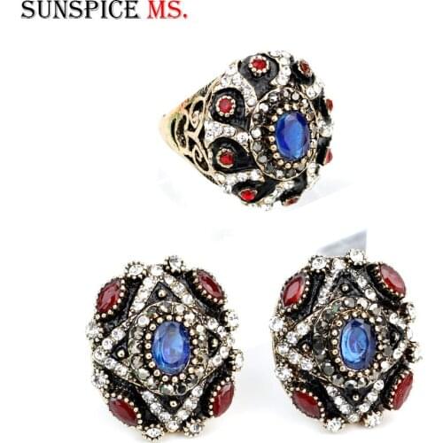 Sunspicems Vintage Crystal Ring Earring Set Antique Gold Color Turkish Women Banquet Caftan Accessories Indian Ethnic Gift New