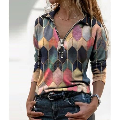 Geometric Print tops Women Polo Shirt Colorful Lapel Half Zipper Long Sleeve Shirt Casual Brief Elegant Shirts Harajuku Tops