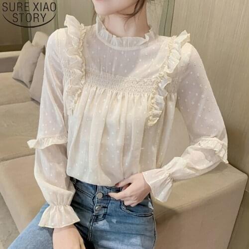Autumn Long Sleeve Chiffon Blouse Women Ruffles Tops Sweet Loose Apricot Blouses Casual O-neck Shirts Clothes Blusa Mujer 16628