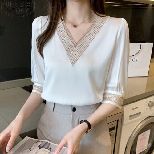 New Summer Short Sleeve White Blouse Blusas Mujer De Moda 2021 Embroidery V-Neck Office Lady Chiffon Blouse Women Tops 13367