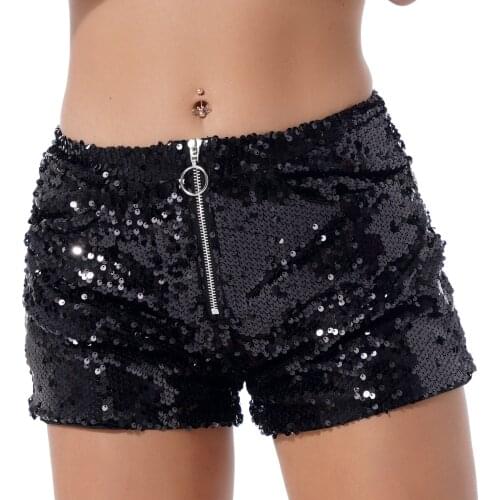 Women Shiny Sequined Shorts Dancewear Hot Pants Sexy Club Performance Clothes Zipper High Waist Shorts with Pocket Streetwear