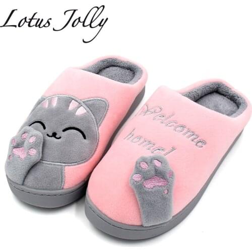 Women Winter Home Fur Slippers Cartoon Cat Non-Slip Soft Warm House Indoor Bedroom Men Couples Boys Girl Memory Foam Floor Shoes