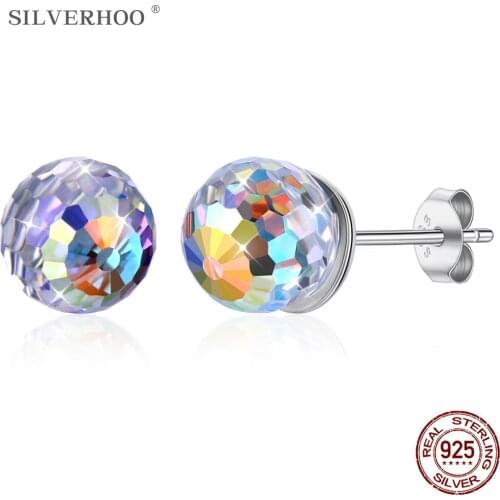 SILVERHOO 925 Sterling Silver Stud Earrings For Women Color ball Austria Crystal Party Fashion Classic Earrings Gift Hot Sale