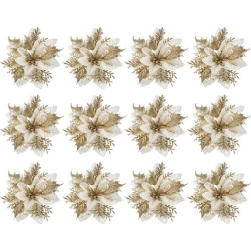 1 Set 12Pcs Christmas Tree Ornaments Simulated Glitter Powder Xmas Flowers Christmas Tree Imitation Gold Pink Christmas Flowers