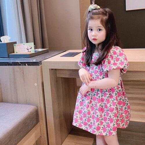 27Kids Girls Dress Summer Print Flowers Short Sleeve Dress For Girls Clothes Polka Dot Skirt Sweet and Breathable 1-6Years