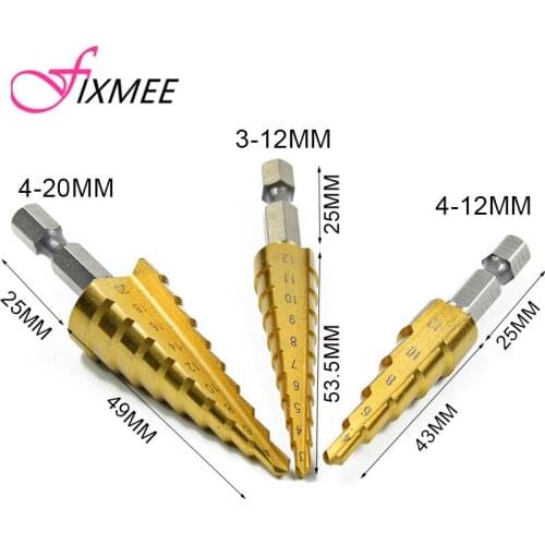 3pcs HSS Steel Titanium Step Drill Bits 3-12mm 4-12mm 4-20mm Step Cone Cutting Tools Steel Woodworking Wood Metal Drilling Set