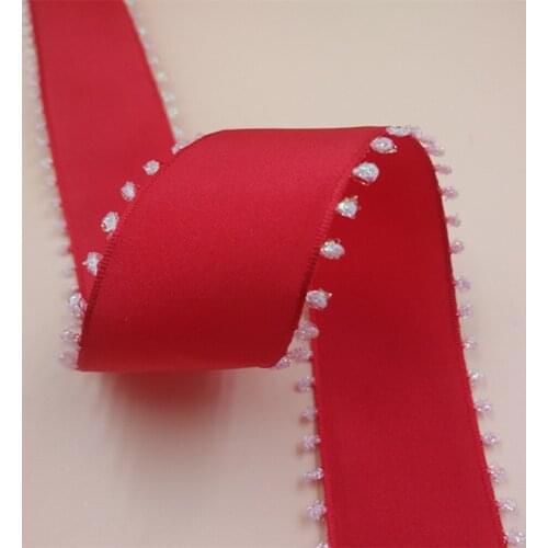 38MM 25yards Wired Edge Red Ribbon With White Picot Edged for Festival Christmas Decoration New Year Gift Wrapping