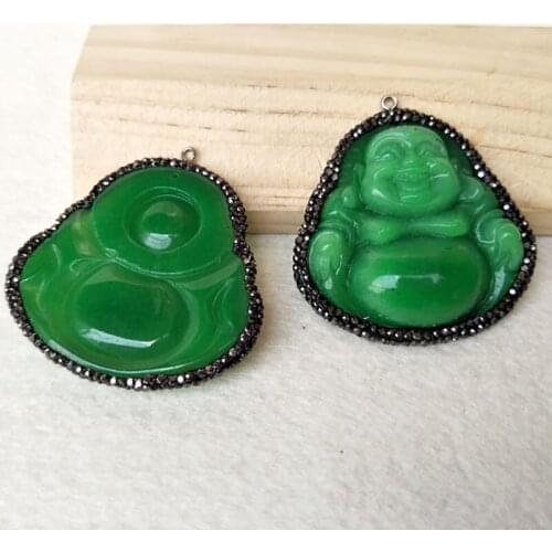 5 Pieces Carved Buddha green Stone Buddhist Pendant Pave Rhinestone Crystal Maitreya Buddha charm women jewelry PD863