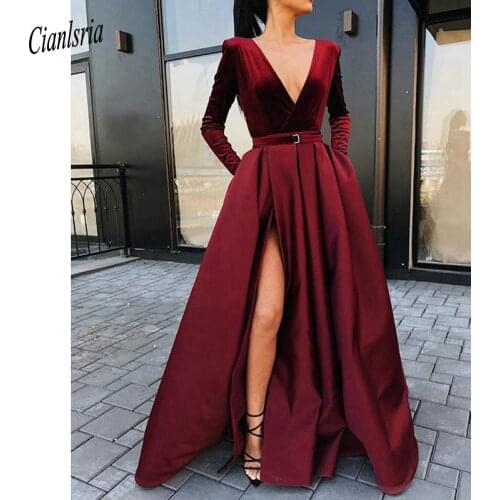 Burgundy Long Sleeve Arabic Velvet Top Evening Dress 2020 Sexy V-neck High Split Formal Evening Party Dresses robe de soiree