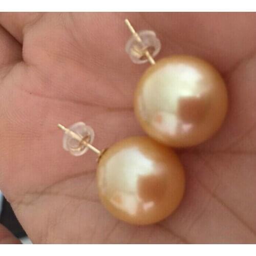Free shipping hugea pair 10-11mm AAA south sea round gold pearl stud earrings18k yellow