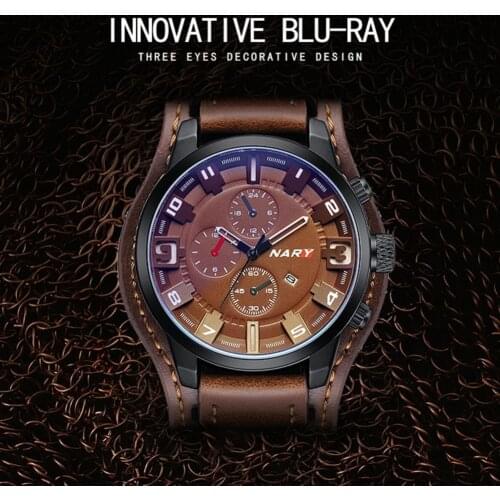 NARY Men Faux Leather Band Life Waterproof Big Dial Blue Glass Sport Watch Quartz Wristwatch Luxury Wristwatch Quartz Wristwatch