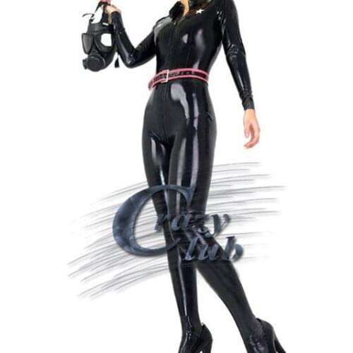Crazy club_Latex Women Catsuit Clothe Latex catsuit of army uniform style latex catsuit with belt latex wear teddy Fast Delivery