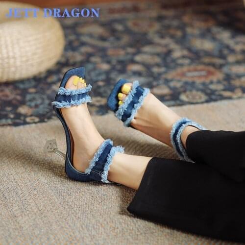 JETT DRAGON Large Size 34-43 NEW 2021 Women Shoes Blue Denim Womens Sandals Square High Heels Casual Ladies Summer Shoes