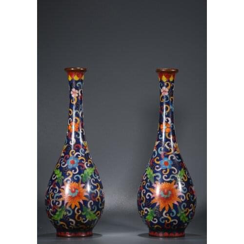 10"Chinese temple collection Old purple Bronze Cloisonne Enamel Lotus pattern Clean bottle vase A pair Ornaments Town House