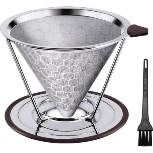 Reusable Cone Honeycomb Pattern Stainless Steel Coffee Dripper Filter with Removable Cup Stand Brush Coffee Dripper Filter Dripp