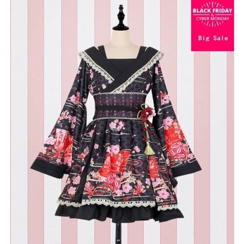 Fashion brand janpanese style kimono Flower handle wide sleeve dress womens cartoon printed autumn and winter retro dress wq365