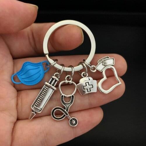 New doctor keychain medical tool key ring injection syringe stethoscope nurse cap mask key chain doctor gift DIY handmade