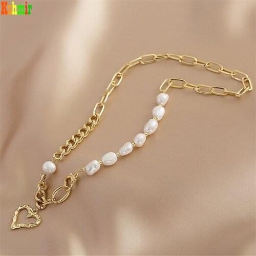 Kshmir Freshwater pearl heart-shaped metal necklace female simple temperament choker chain vintage collarbone chain jewelry gift