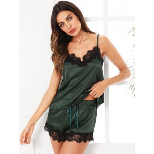 Women Sexy Sleepwear Sleeveless Strap Nightwear Lace Trim Satin Cami Top Pajama Sets