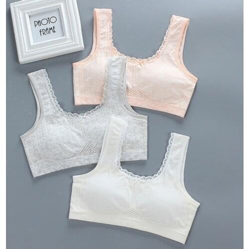 Teenage Young Girl Cotton Training Bra Mesh Patchwork Lace Solid Color Bralette Wireless Padded Puberty Vest Crop Top