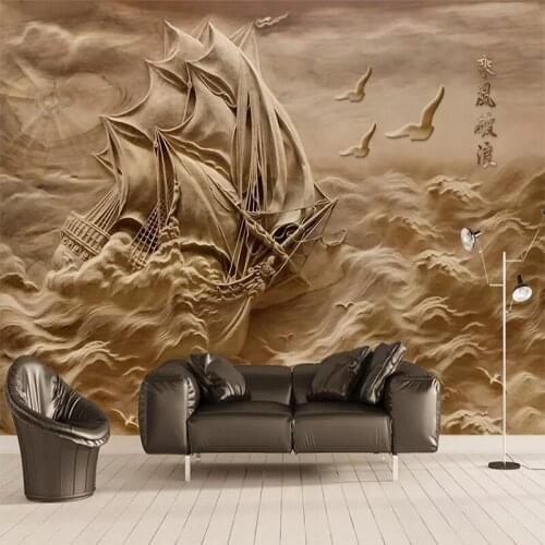 Custom Wall Cloth 3D Three-dimensional Waves Smooth Sailing Mural Living Room TV Sofa Wall Covering Waterproof Wall Paper Roll