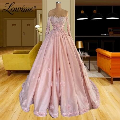 Pink Princess Prom Dresses A Line Beaded Sequins Evening Dress 2021 Plus Size Dubai Illusion Arabic Middle East Party Gowns Robe