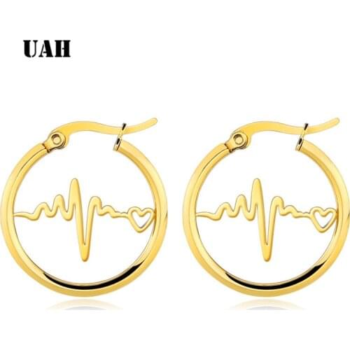 UAH Fashion titanium steel round earrings stainless steel geometric ECG earrings female gold jewelry accesories women gifts