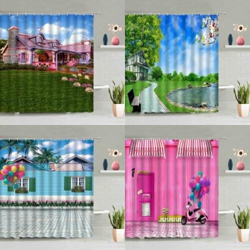 Natural Landscape Shower Curtain Set Mushroom House Flowers Green Leaves Plants Rural Scenery Bathtub Decoration Screen Washable