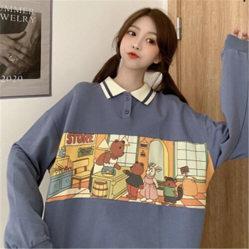 Women Korean Style Sweatshirts Cartoon Bear Printed Spring Autumn Basic Loose Pullover Button Polo Collar Clothes Vintage Tops