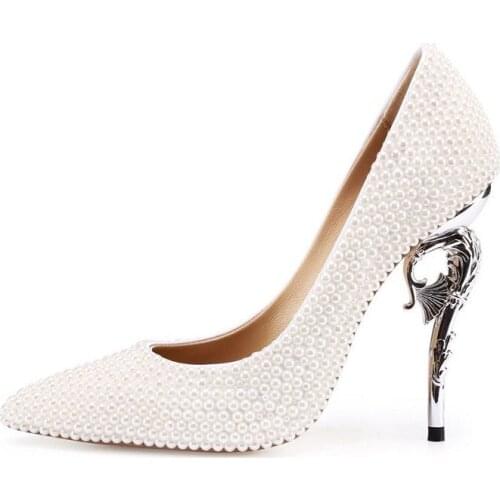 Spring new stiletto heels pearl pointed shallow mouth womens single shoes white party dress large size bride wedding shoes