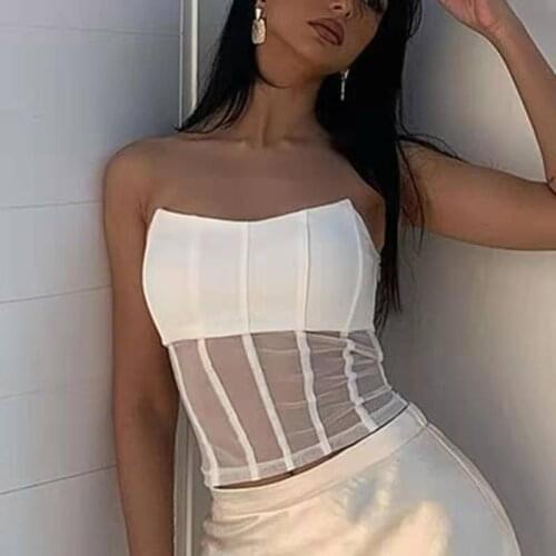 High Quality White Mesh Transparent Patchwork Tops Women Sleeveless Strapless Party Corset Top Sexy Backless Female Vestios