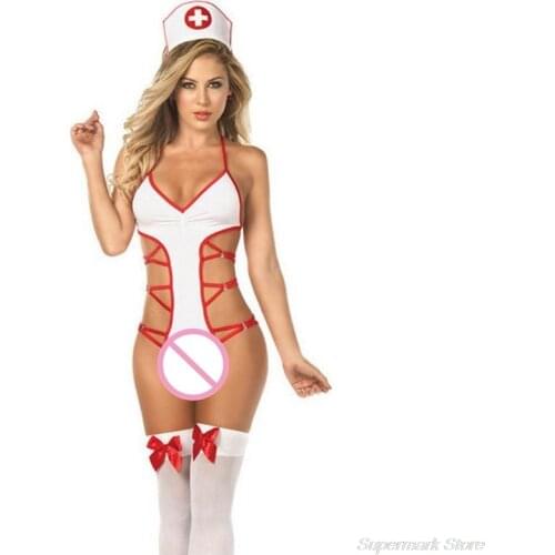 Womens Erotic Nurse Cosplay Lingerie Uniform Set Halter Deep V-Neck Backless Bodysuit Cross Bandage Ruched Dropshipping