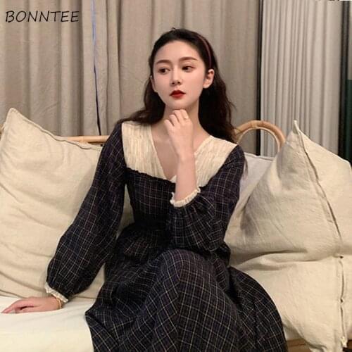 Long Sleeve Dresses Women V-neck Patchwork Autumn French Style Students Trendy Streetwear Simple Leisure Aesthetic Female Retro