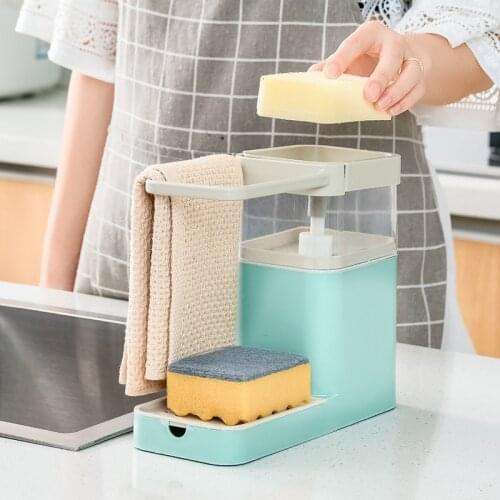 3 In 1 Manual Press Soap Liquid Dispenser Sponge Pump Drain Storage Box Dish Towel Hanger Soap Organizer Wipe Arrangement Rack