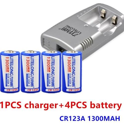 4PCS High capacity 1300mAh 3V CR123A rechargeable LiFePO4 battery 16340 lithium battery +1pcs CR123a charger