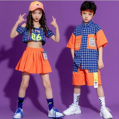 Kids Concert Hip Hop Clothing Checkered Crop TopsT Shirt Streetwear Summer Shorts Skirt for Girls Boy Dance Stage Wear Costume