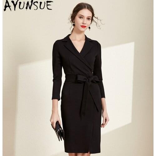 AYUNSUE Elegant Office Dress Female Vintage High Waist Spring Dress 2021 Black Midi Dresses for Women Clothes Vestidos Mujer