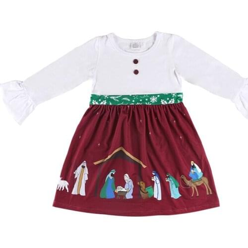 Kaiya Angel Princess Toddler Girls Fashion Dress White Long Sleeve Ruffles With Cartoon Print Bottom Kids Antumn Style Clothes