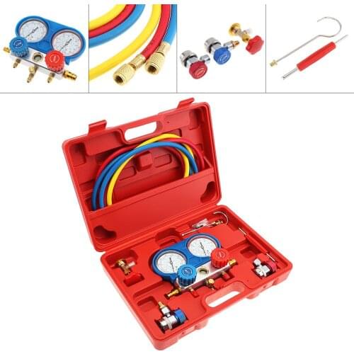 Air Conditioning Fluorine Table Common Cool Gas Meter AC Diagnostic A/C Manifold Tool Set with Removel Tool and 2 Quick Couplers