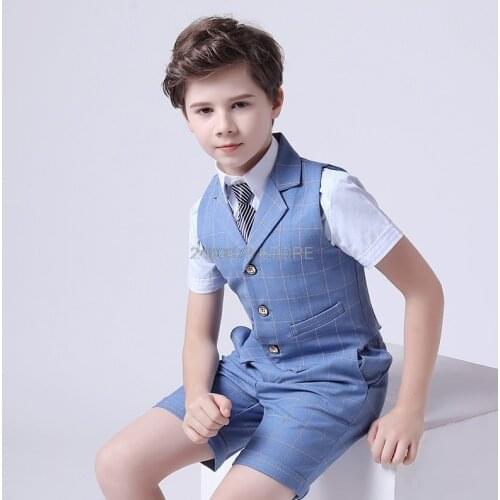Boys Summer Luxurious Wedding Suit Prince Noble Vest Shirt Shorts Strap Bowtie 5Pcs Dress Children Piano Performance Costume