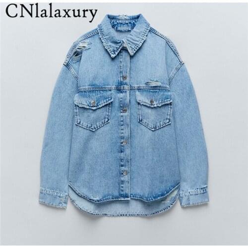CNlalaxury New Spring Autumn Women Ripped Denim Cool Jacket Fashion Casual Loose Pocket Buttons Blouses Oversize Shirt Coat