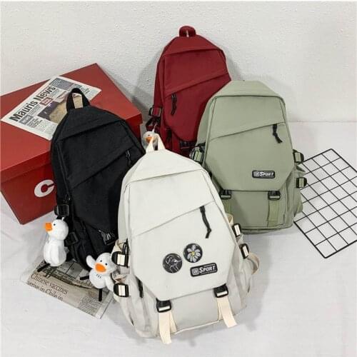 Fashion Womens Backpack Kawaii Badge Pin Schoolbag For Girls Solid Color Large Capacity Travel Bags 2021