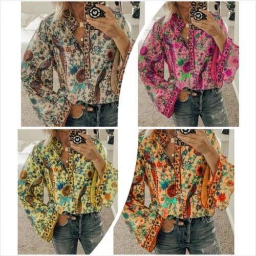 2020 New Fashion Womens Ladies Floral Style Summer Boho Long Sleeve Casual Loose Tops Hippie Tunic Blouse Shirt S-2XL