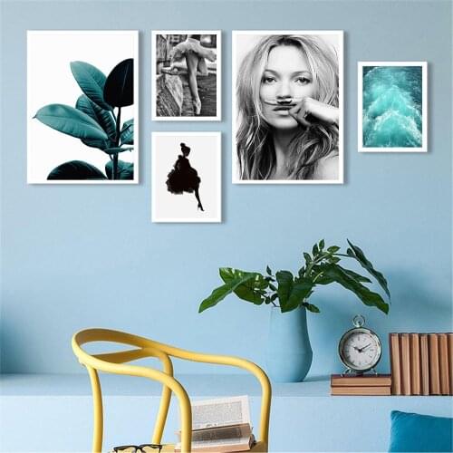 Girl Poster Nordic Leaf Black and White Wall Art Canvas Prints Abstract Painting Wall Pictures for Living Room Bedroom Bathroom