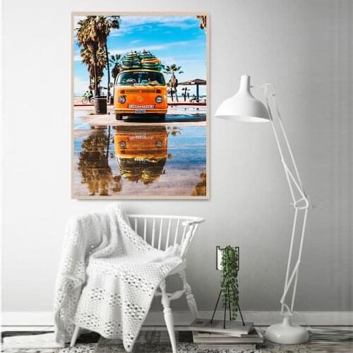 Nordic Sea Bus Posters and Prints Tropical Palm Tree Canvas Painting Landscape Home Decor No Frame Wall Picture for Living Room